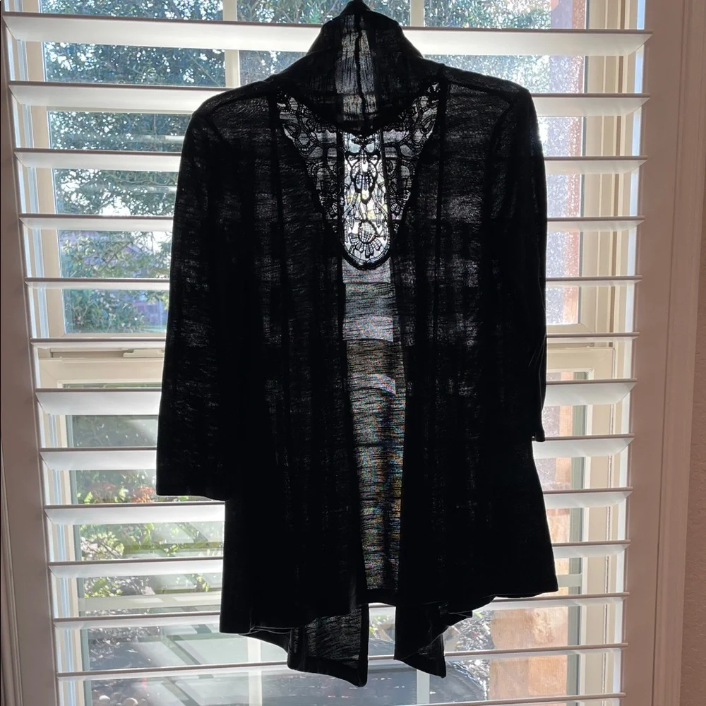 JULIE’S CLOSET Chic Black Sheer Cardigan W Back Lace details Like New SZ L